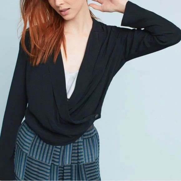 Anthropologie Ett Twa Women's Size 8 Black Long Sleeve Wrap Collared Blouse - Picture 1 of 11